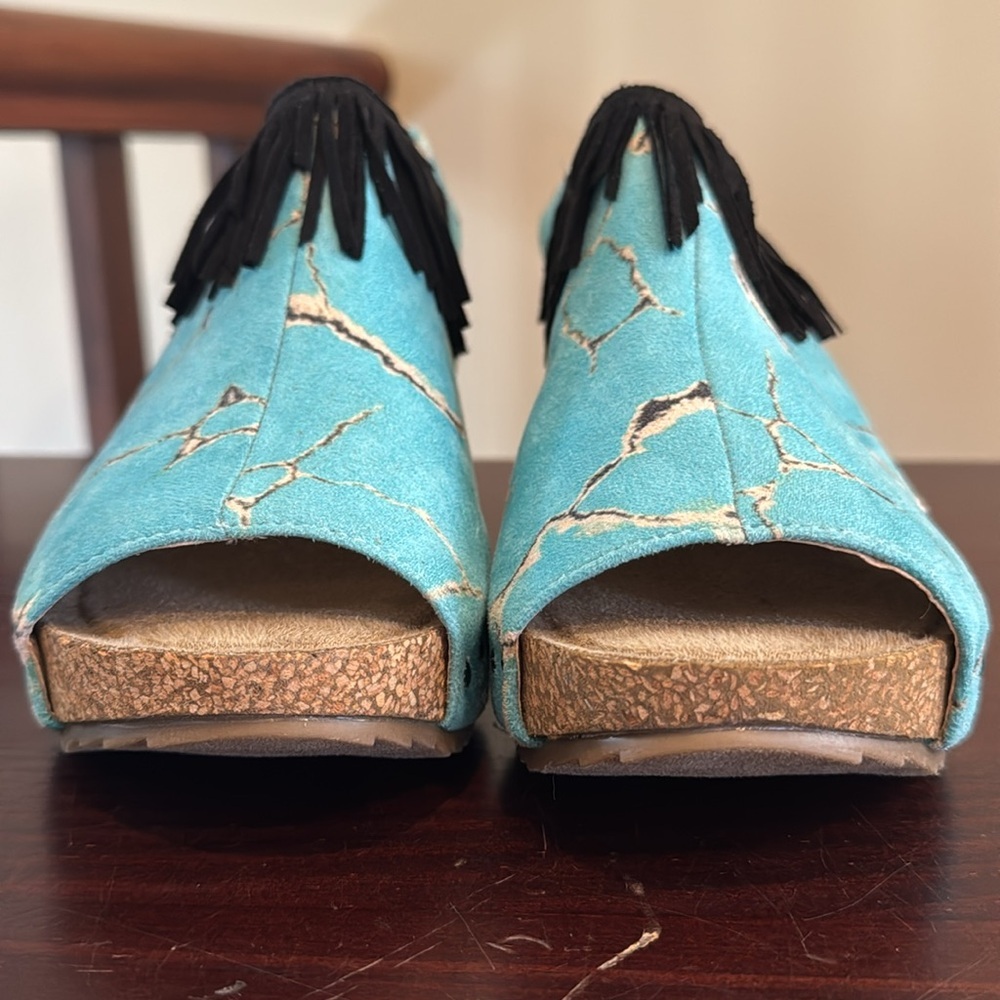 Crazy Train Turquoise stone fringe wedge platform faux suede sandals 9 - Picture 5 of 14